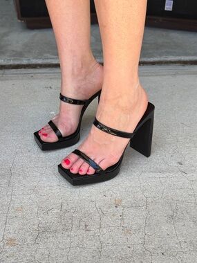 Jeffrey Campbell Black Patent Square-Toe Block Heel Slides